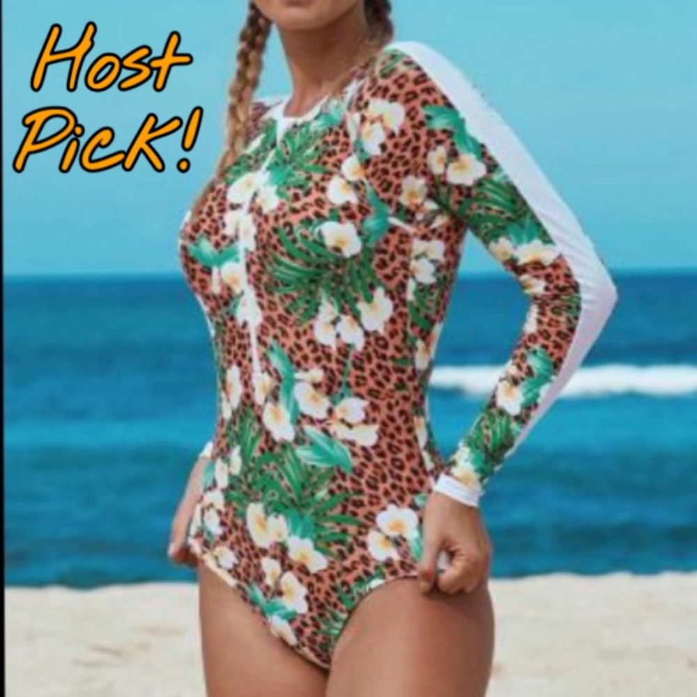 Hawaiian Cheetah Rashguard One-Piece Swimsuit Long Sleeve Bathing Suit, Medium